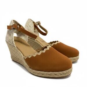 Paseart Spain Suede Espadrille Wedge Sandals Tan Closed Scalloped Toe Sz 39 US 8